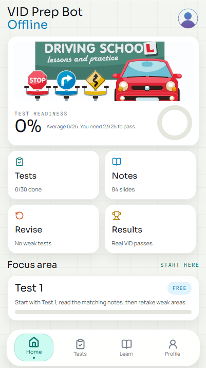 VID Prep Bot home screen with test readiness, tests, notes and revise