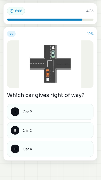 A test question: which car gives right of way, with a junction diagram and a timer