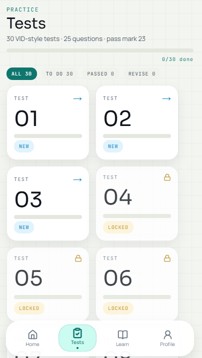 The Tests page with 30 VID-style tests