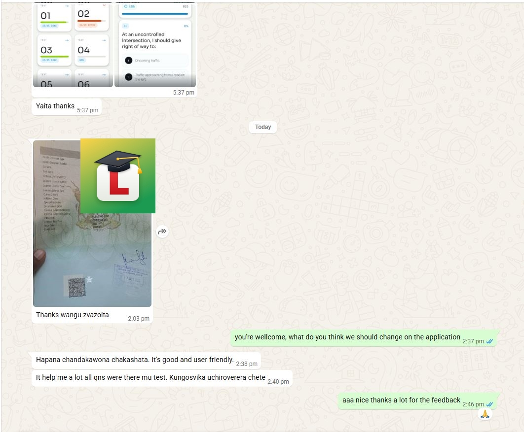 WhatsApp chat: earlier app screenshots, then a learner sends a photo of their provisional licence and says thanks, the app is good and user friendly, and all the questions were in the test